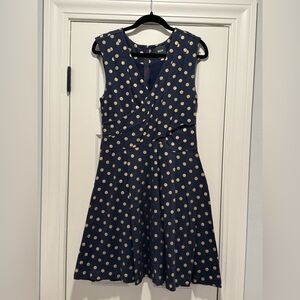 Anthropologie Maeve Navy Blue and Gold Polka Dot Dress - Medium - NWOT